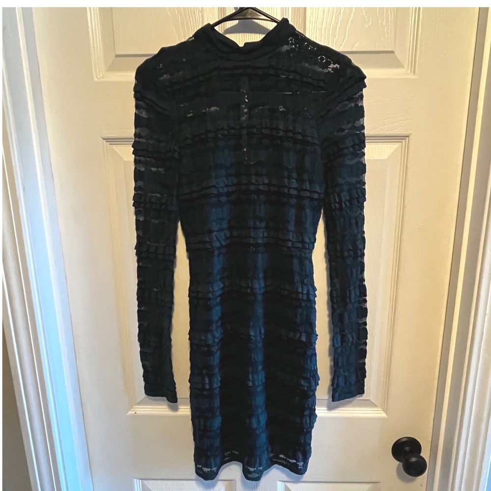 LUSH Teal Lace Ruffled Mock Neck Long Sleeve Mini Dress Women's Size Small Green